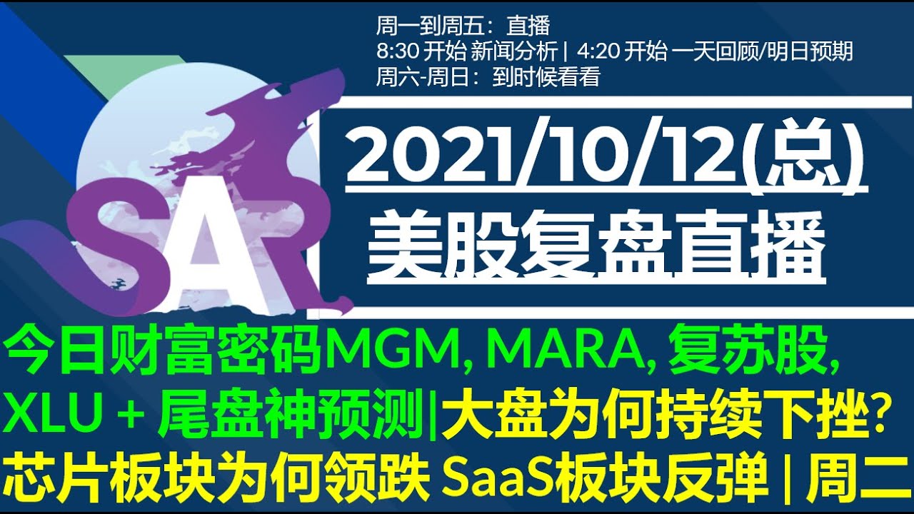 美股直播10/12[复盘] 今日财富密码MGM, MARA, 复苏股, XLU + 尾盘神预测|大盘为何持续下挫? 芯片板块为何领跌 SaaS板块反弹  | 周二新闻