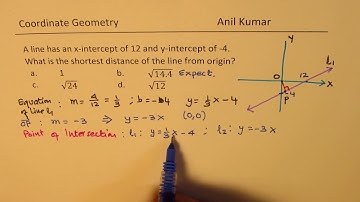 Find the shortest distance of a line with given intercepts from origin