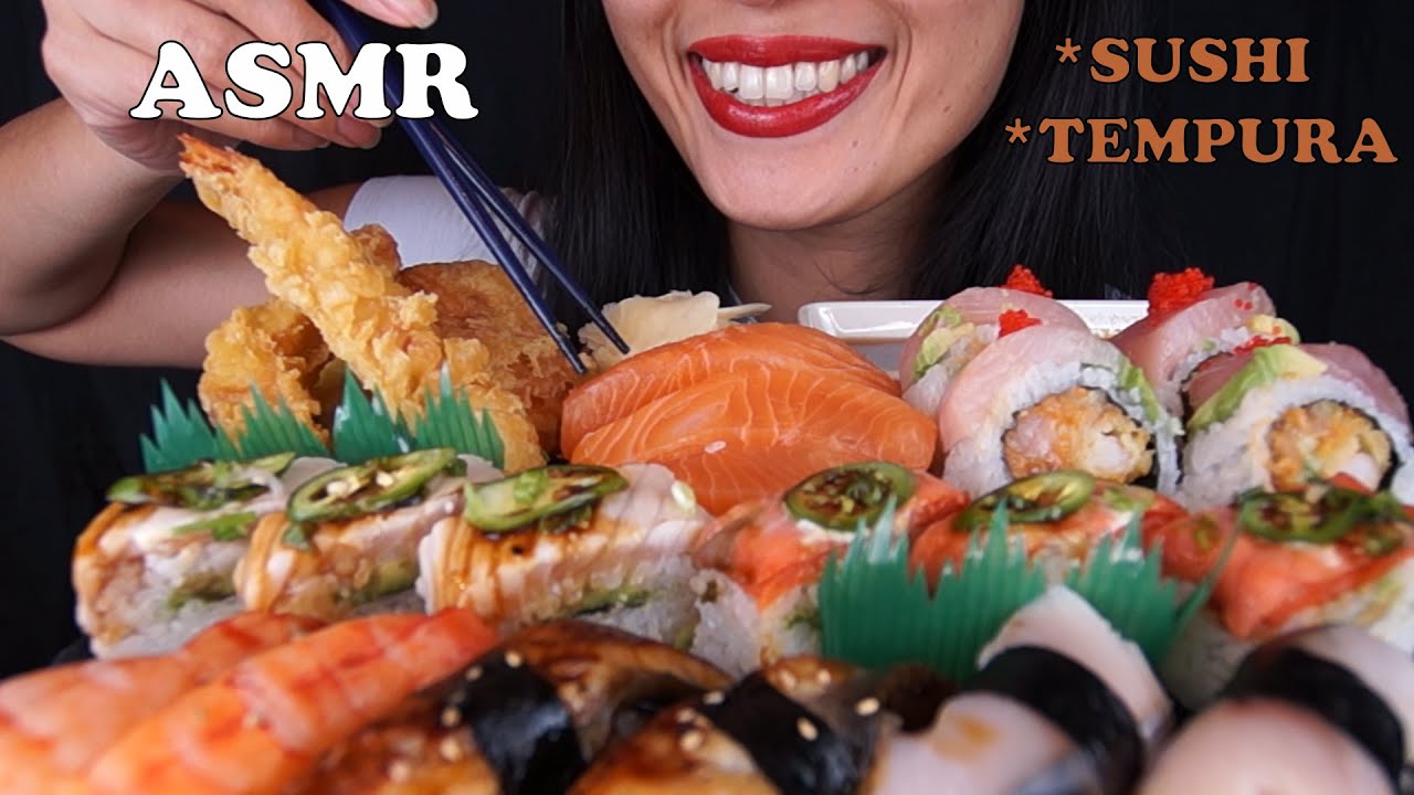ASMR ASSORTED SUSHI + TEMPURA BIG BITES *CRUNCHY & SQUISHY EATING SOUNDS, LIGHT WHISPERS) EM ASMR