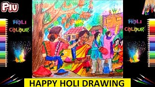 Colorful Holi Festival Drawing | Happy Holi Drawing | Festival of Colors Drawing | Dol Utsav Art