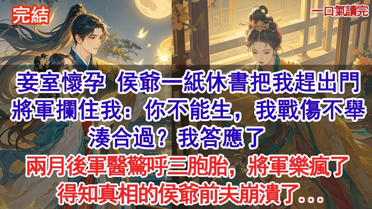 妾室懷孕當日，夫君一紙休書把我趕出家門，將軍攔住我：你不能生，我戰傷不舉，湊合過？我答應了。兩月後軍醫驚呼三胞胎，我呆了，將軍樂瘋了，得知真相的侯爺前夫崩潰了...#古風#追妻火葬場#愛情#小說