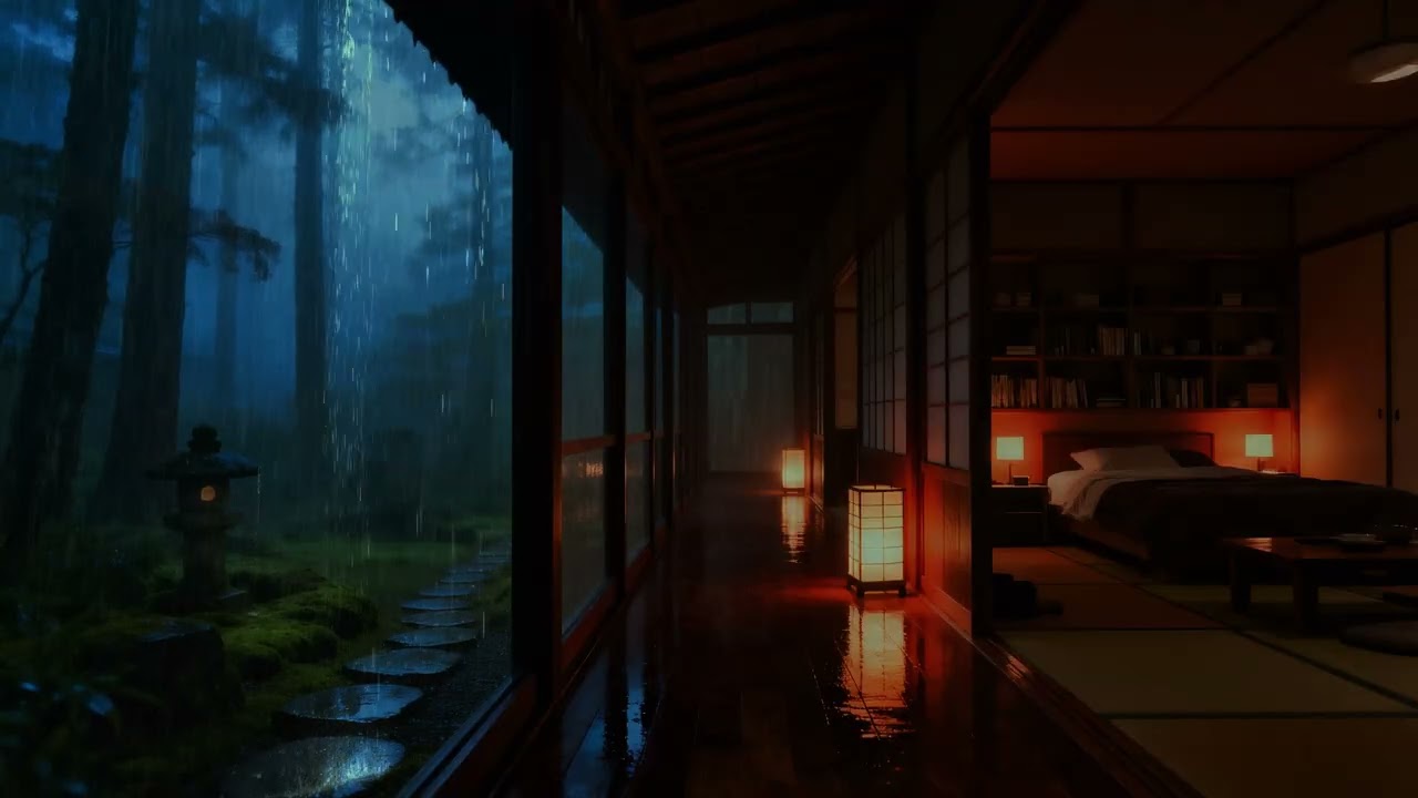 Lantern Lit Rainy Night in Japanese Tatami Room 🌧️ Forest Path Ambience | Deep Sleep