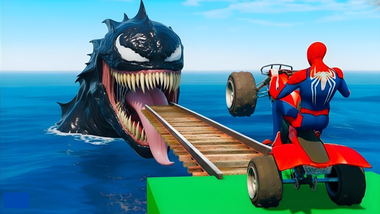 سبايدر مان اصعب دراجة نارية فوق اسماك القرش - Superheroes Ride on Motorcycle Stunt Funny Moments