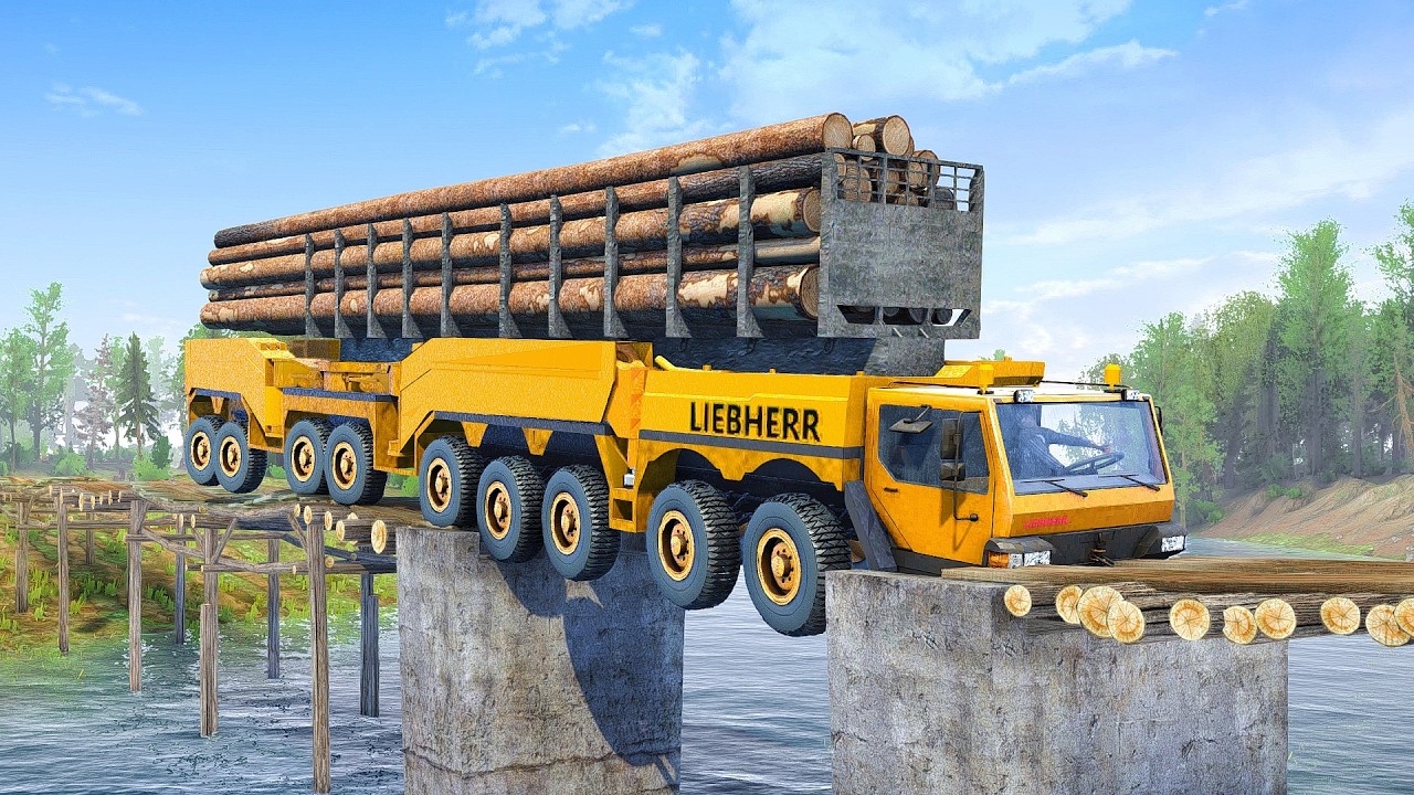 EXTREME Heavy Logging Transport Crosses Broken Bridge