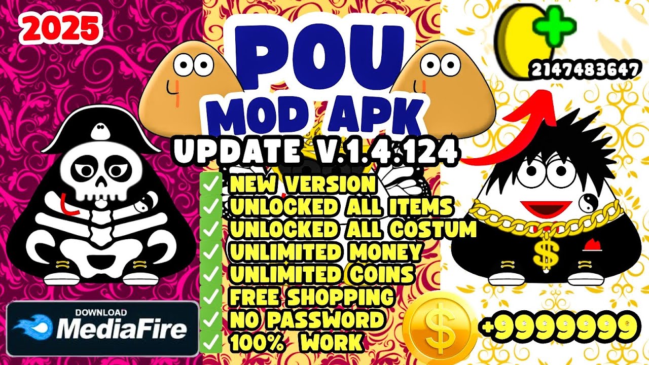 DOWNLOAD POU MOD APK NEW VERSION V.1.4.124 UNLIMITED COINS NO