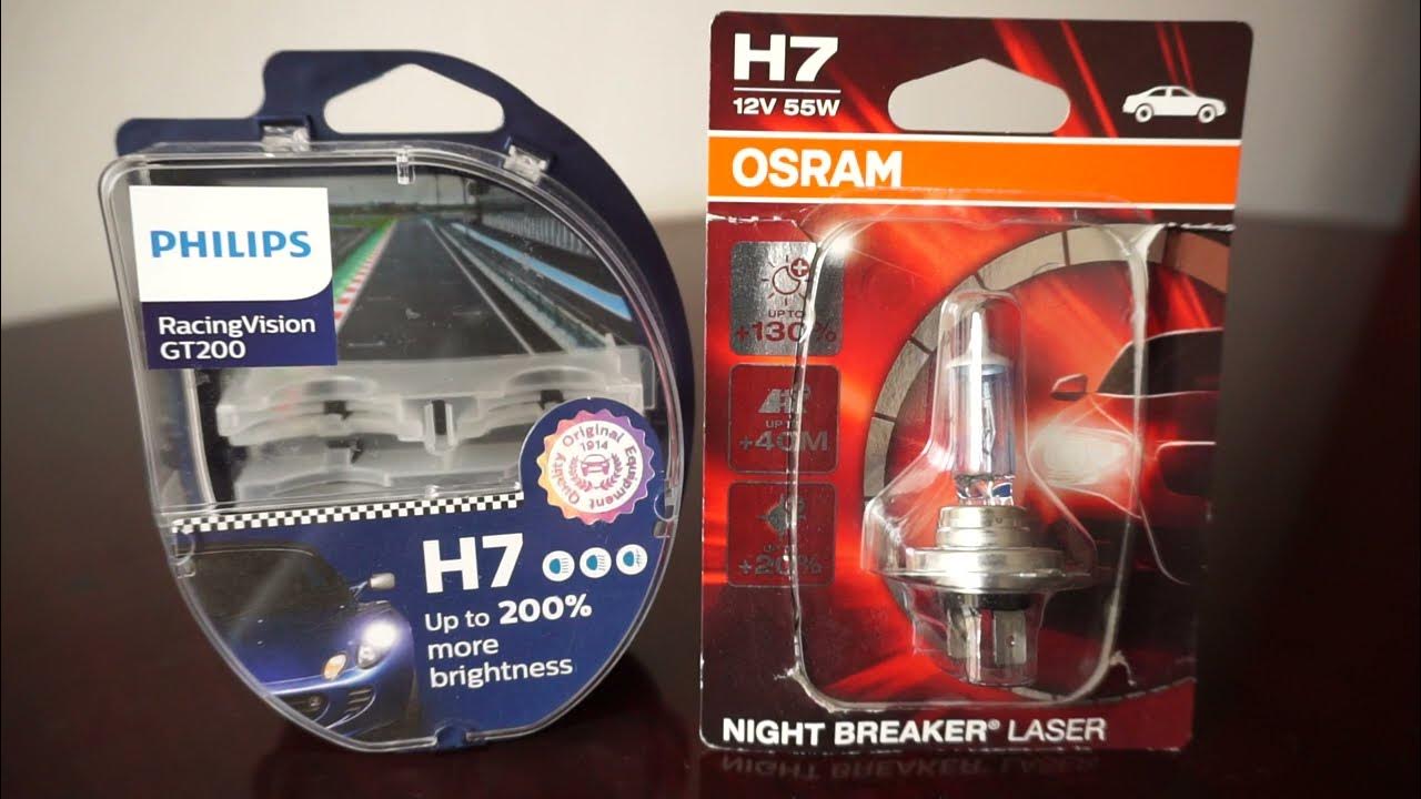 Philips H7 Racing Vision Vs Osram Night Breaker Philips RacingVision GT200 vs OSRAM Night Breaker LASER - YouTube