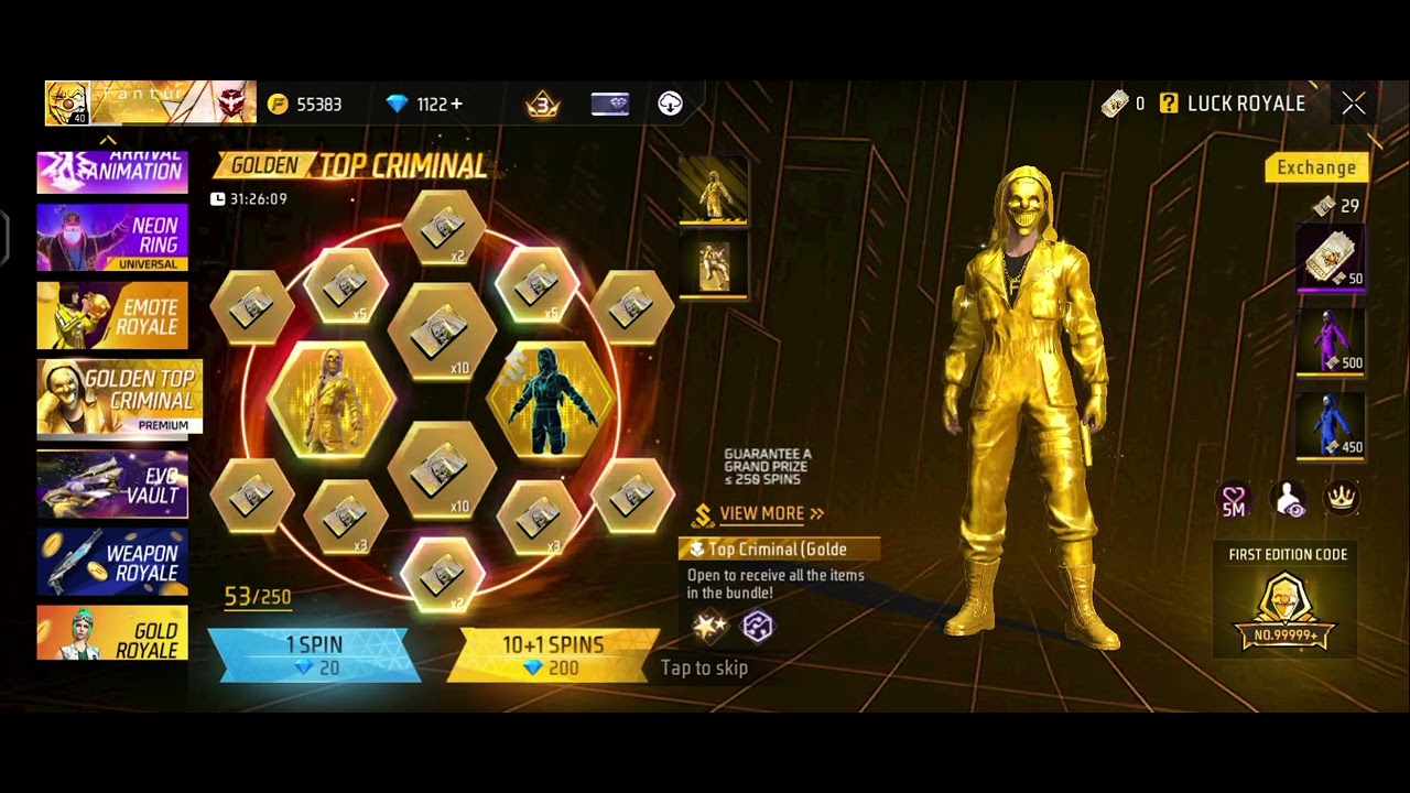 Free fire max Top Golden criminal spin.