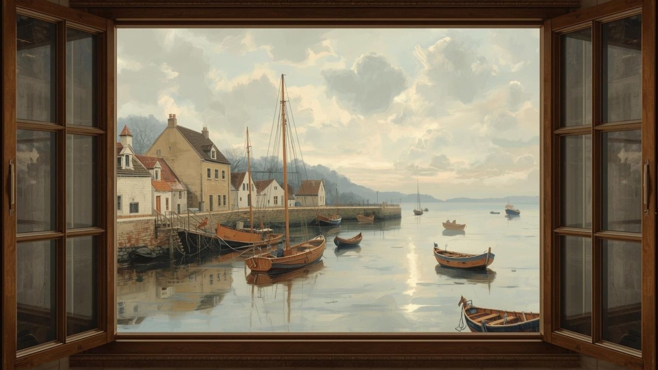 Window View Of Coastal Harbor Village Vintage Painting | Frame TV Art | 2-Hour Screensaver