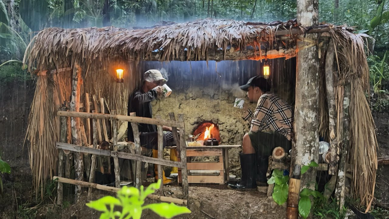 Father & Son Build a Bushcraft Shelter as Heavy Rain & Flash Flood