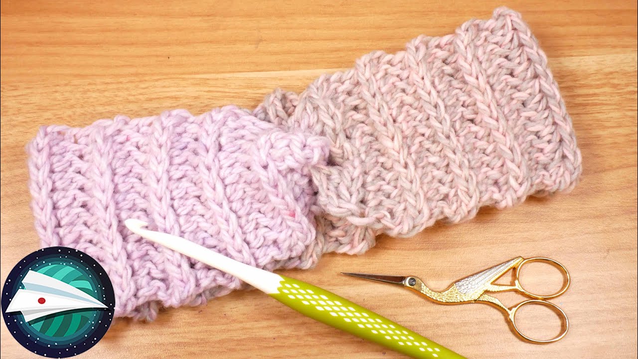 指編み　ピンクベージュと紫のティペット かぎ針編み｜カラーチェンジ＆ツイストのヘッドバンド｜初心者のための