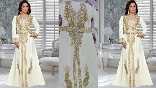 Modest White Georgette Hand Zari Golden Embroidery Moroccan Kaftan - Moroccan Kaftan Embroidry Work