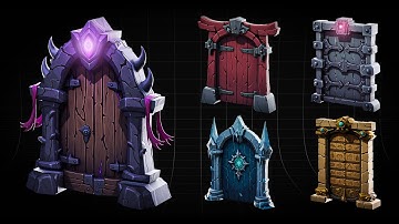 Stylized 3D Game-Ready Doors | Wireframe + Textured Turntable Renders | Blender + Substance Painter