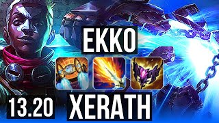 EKKO vs XERATH (MID) | 13/1/8, Legendary, 6 solo kills, 1.5M mastery, 500+ games | KR Master | 13.20