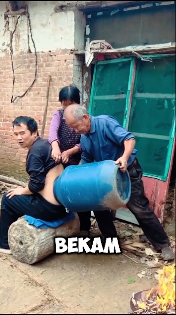 Grandpa uses a barrel for cupping to treat colds! 😲