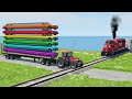 Flatbed Trailer Tractor Truck Transport Rescue Stuck Cars - Long Cars vs Rails and Trains - BeamNG