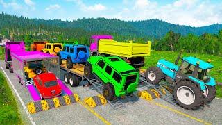 Flatbed Trailer Cars Transportation with Truck - Speedbumps vs Cars vs Train - BeamNG.Drive #09