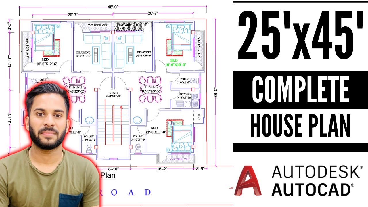 How to make Complete House Plan in AutoCAD for Beginners | 25'X45 ...