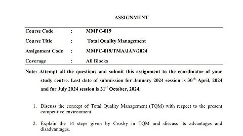IGNOU MMPC - 019 Solved Assignment Jan 2024 | July 2024 [FREE] MBA Total Quality Management MMPC 19