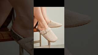 Solecia Womens Round Flat Apricot Toe Slip On Fluffy Slippers With Buckle Decor