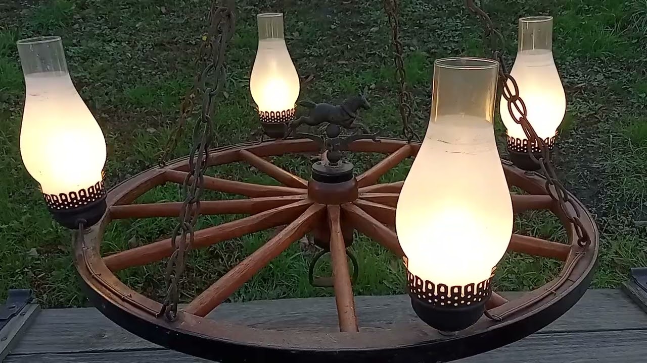 VINTAGE RUSTIC HORSE WEATHERVANE LARGE FARM WAGON WHEEL WOOD COPPER CHANDELIER w/ GLASS GLOBES