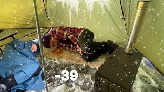 34C FREEZING COLD WINTER CAMPING ALONE in a HOT TENT ASMR