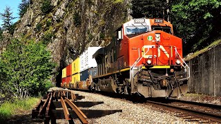Massive Double Stack Trains Thru Tunnels Along Canada's Fraser Canyon