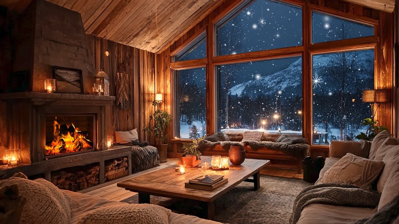 Cozy Winter Cabin Fireplace ❄️ Snowy Night Ambience for Deep Sleep & Relaxation