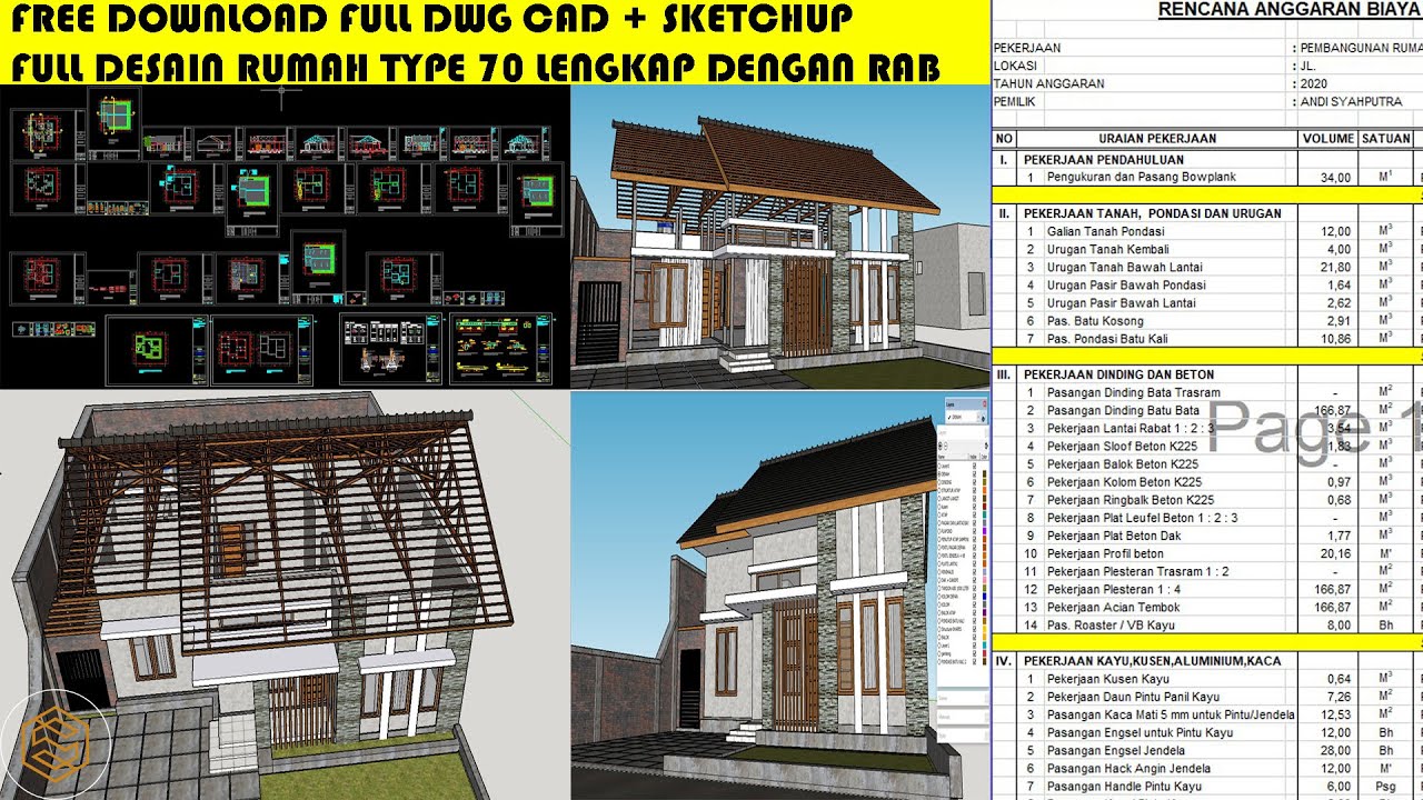 FULL DESAIN RUMAH TYPE 70 LENGKAP DENGAN RENCANA ANGGARAN BIAYA ANALISA HARGA SATUAN PEKERJAAN AHSP YouTube