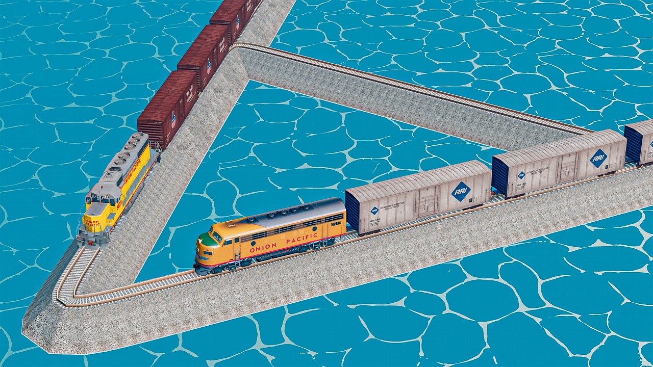 Colorful Trains vs Triangle Impossible Weird Rail Track Crossing Deepwater in BeamNG.Drive