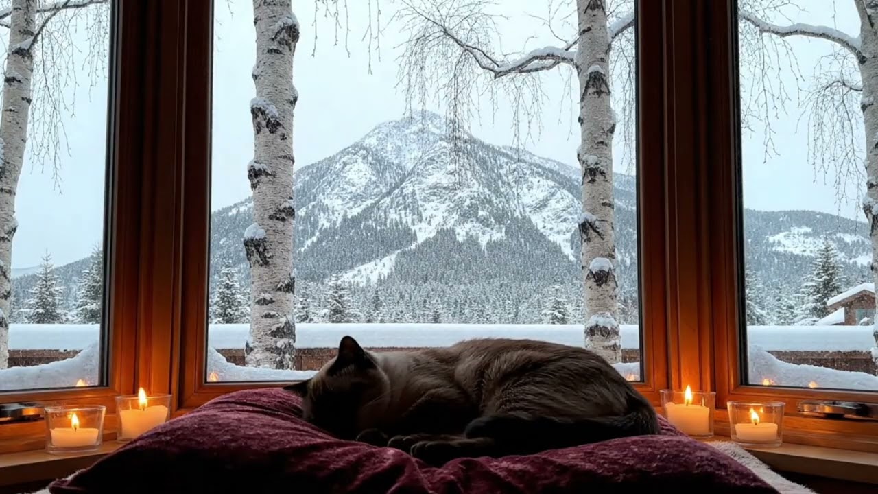 Cozy Reading Ambience | Sleeping Cat & Candle (Snowy Mountains)