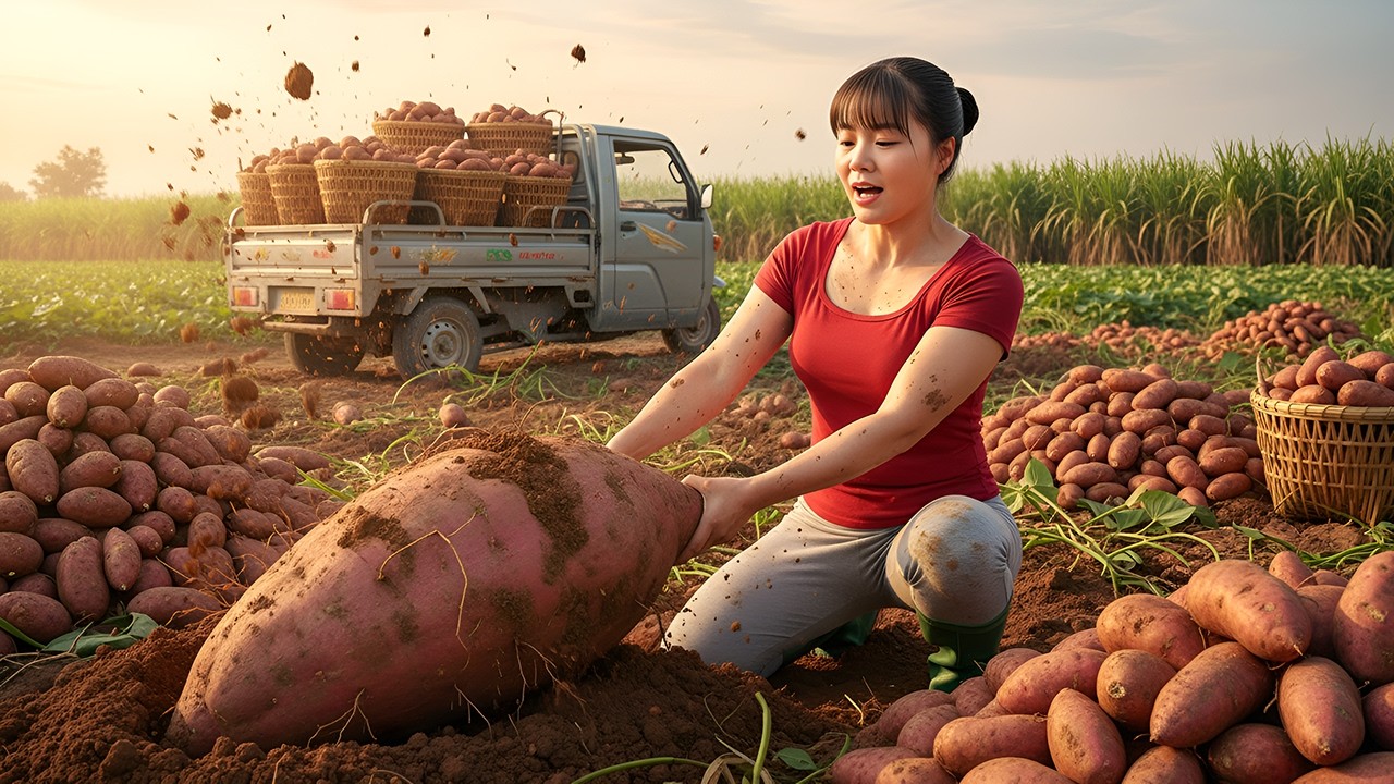 Harvesting Giant Sweet Potatoes – Loading a 3-Wheeled Truck to Sell at the Village Market