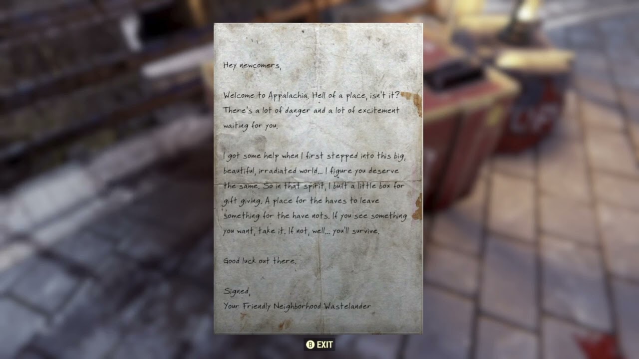 Fallout 76 Donation Box letter