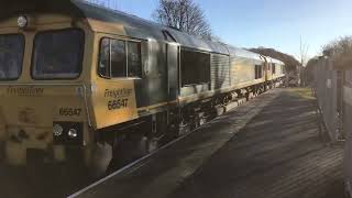 Double header 66547 66585 freightliner with 47 containers 11:08 running 10 late Lea Road 16/12/2023