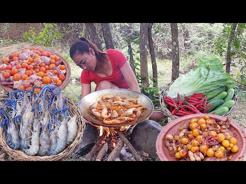 Yummy Lobster curry with Mushroom for food in forest, Chicken egg spicy cooking for dinner, +6 video
