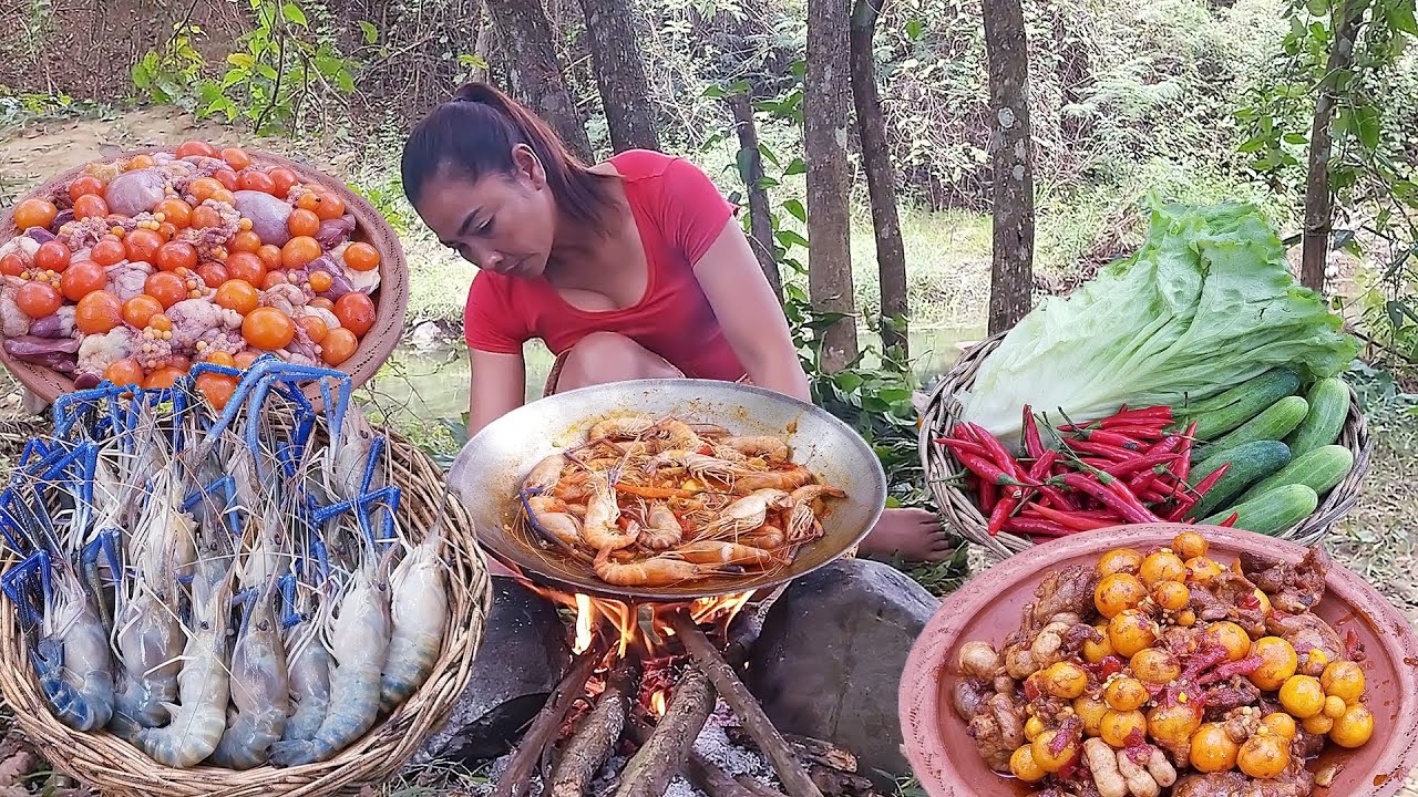 Yummy Lobster curry with Mushroom for food in forest, Chicken egg spicy cooking for dinner, +6 video