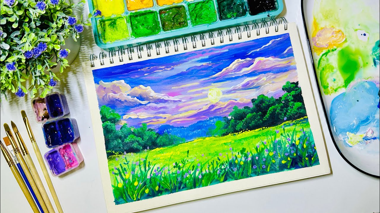 Chillout Art/Gouache painting /How to paint Landscape painting with gouache for beginners P19