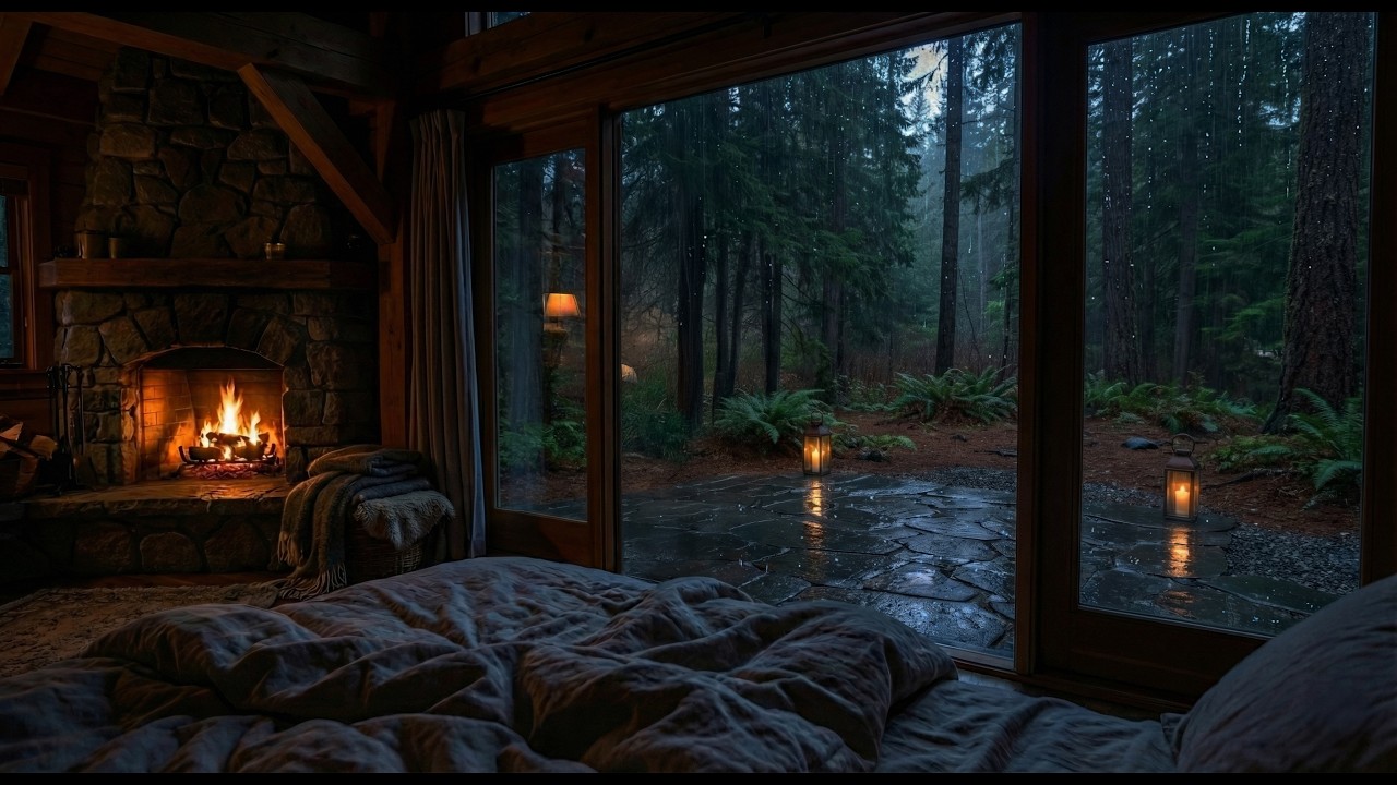 Heavy Rain & Fireplace in Forest Cabin | Cozy Bed View, PNW Rain Sounds for Sleep & Relaxation