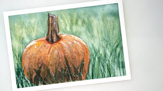 Watercolor PUMPKIN in the grass fall painting - step by step tutorial + FREE sketch