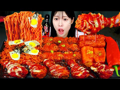 ASMR MUKBANG| 직접 만든 불닭 버섯 양념치킨 먹방 & 레시피 FRIED CHICKEN AND FIRE NOODLES EATING