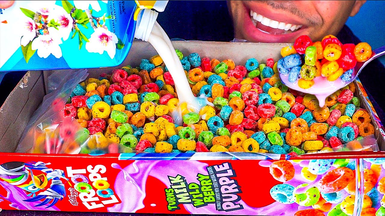 ASMR EATING FROOT LOOPS OUT OF THE BOX MILK POUR SPOON MOUTH SOUNDS NO TALKING LIFE HACK