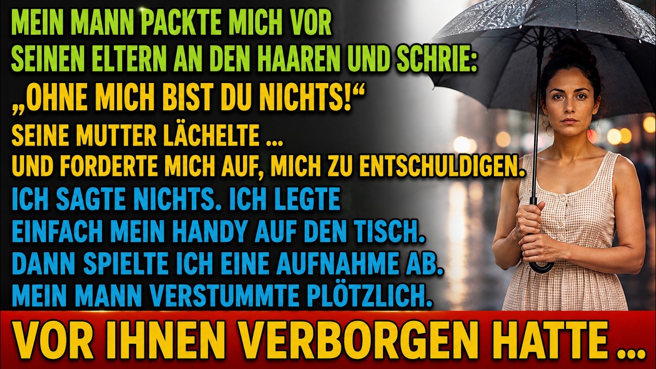 Als Markus mich im Esszimmer seiner Eltern an den Haaren aus dem Stuhl riss, rührte sich niemand. Seine Mutter Ingrid verschränkte die Arme und sagte: „Lena, entschuldige dich bei ihm. Du weißt,...