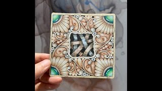 Zentangle Inspired Art - Square tan tile with depth