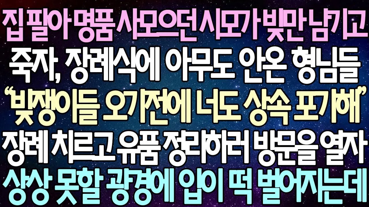 반전 사연 집 팔아 명품 사모으던 시모가 빚만 남기고 죽자, 장례식에 아무도 안온 형님들 장례 치르고 유품 정리하러 방문을 열자 상상 못할 광경에 입이 떡 벌어지는데사이다사