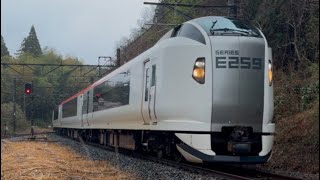 【サービスMHあり！】E259系Ne***編成が特急しおさい12号東京行きとしてミュージックホーンを鳴らしながら南酒々井駅を通過するシーン