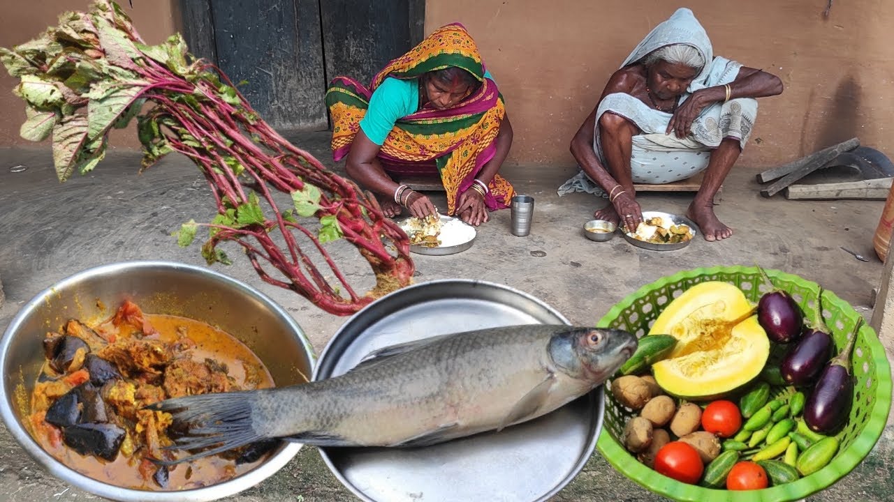 rural life river FISH CURRY with BRINJAL and vegetables cooking and eating|village cooking life