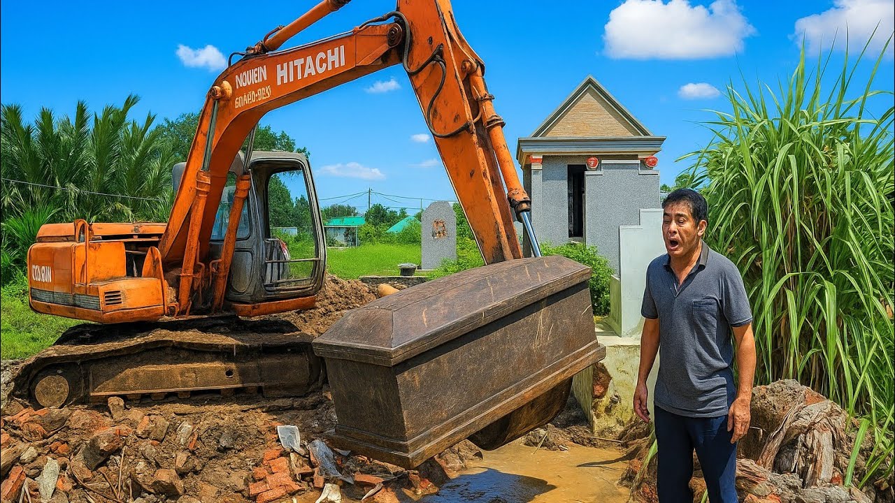 Xe cuốc đập mộ lấy quan tài trong nghĩa trang