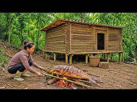8 Hours in the Deep Forest – Surviving in a Wooden Cabin and Enjoying Charcoal-Grilled Fish