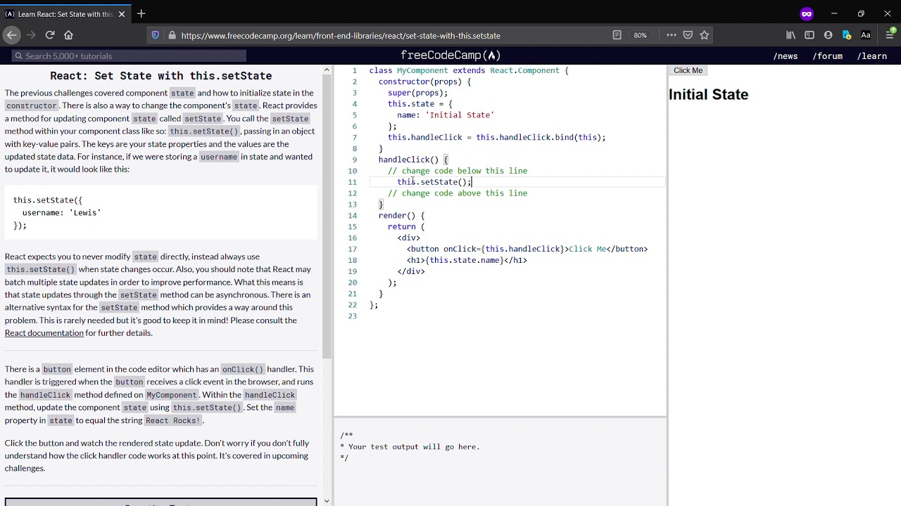 React: Set State with this.setState -freeCodeCamp.org