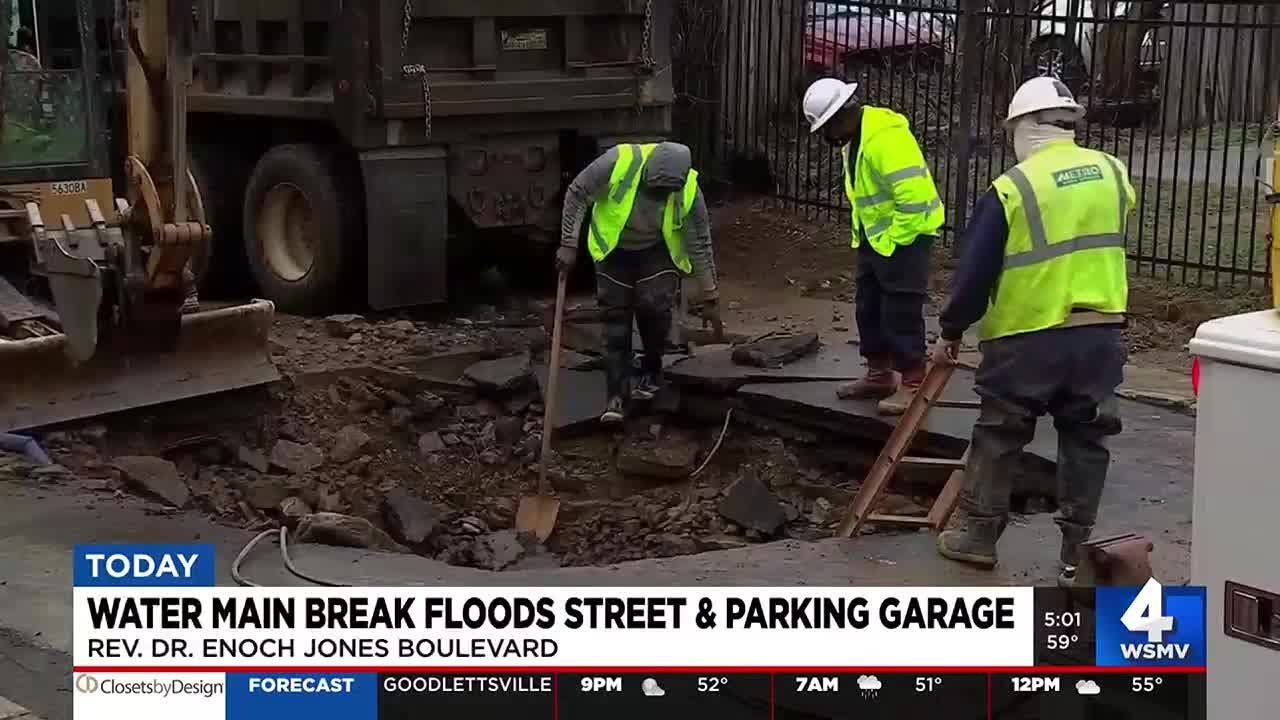 Water main break floods street and parking garage - YouTube
