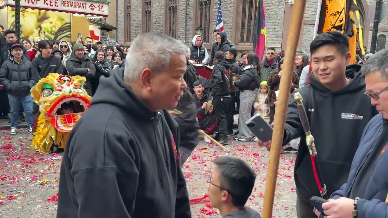 Chinese New Years kungfu demonstrations  on   Mott Street NYC , Free Mason Club 02/08/25